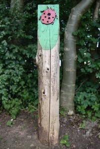 Wooden post with carved ladybird